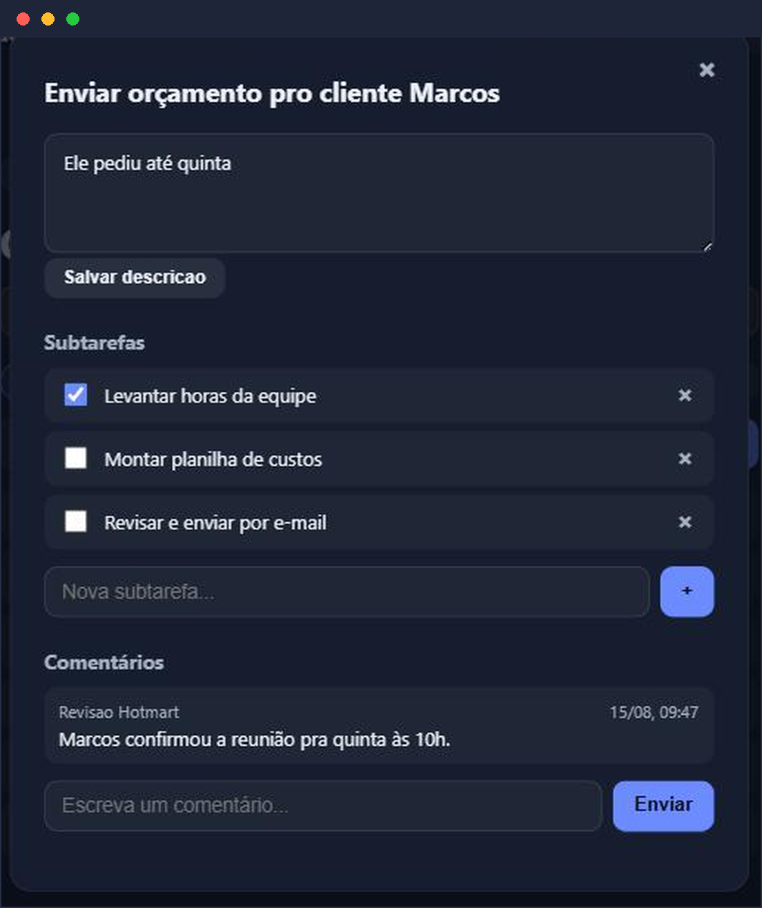 Detalhe de tarefa real com subtarefas e comentários